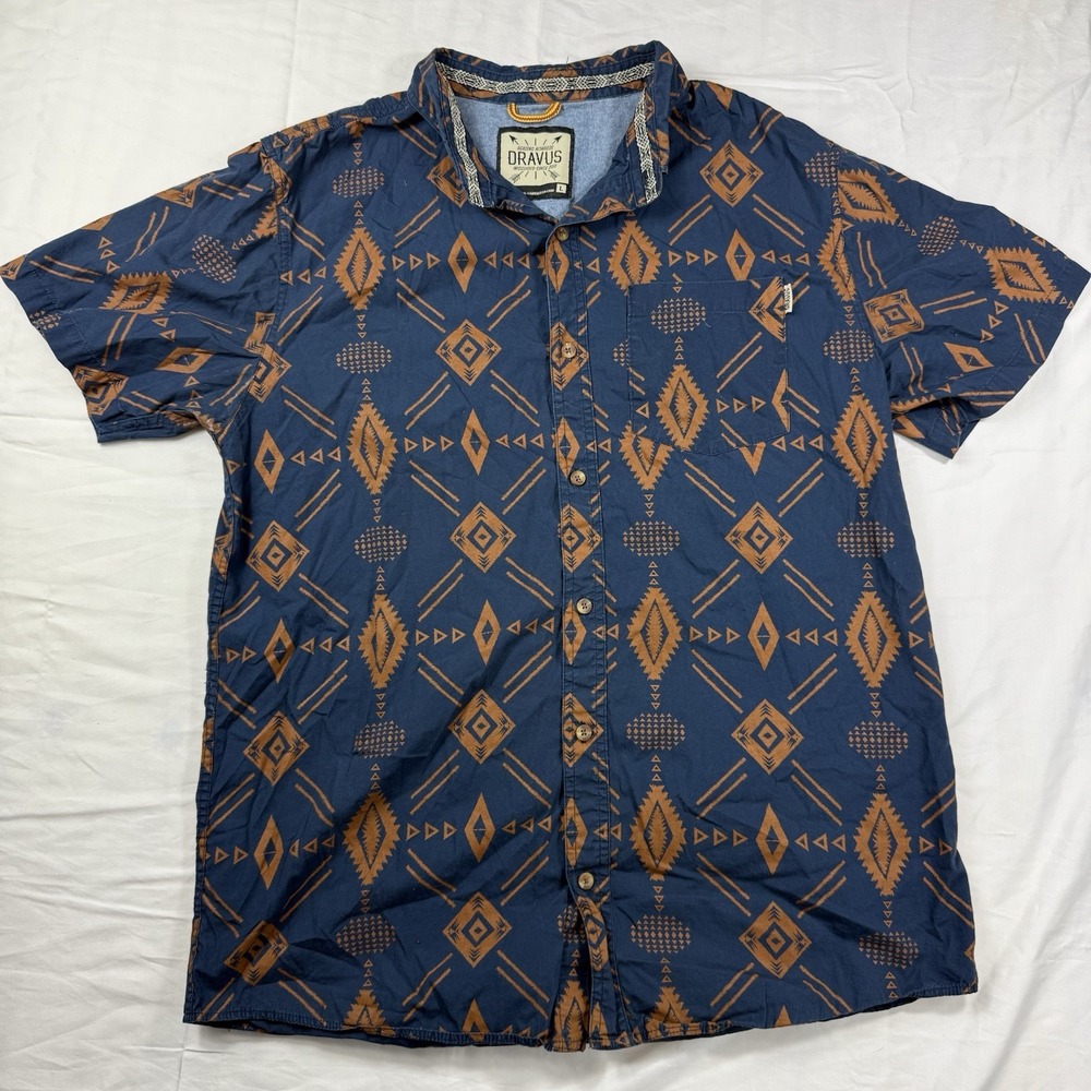 Aztec Shirt Southwest DRAVUS Mens Size Large Blue Cotton Short Sleeve Western‎